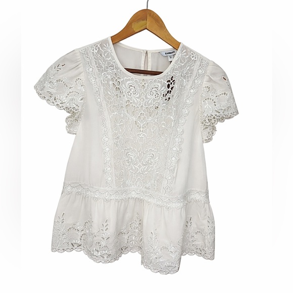 Express Tops - Express White Lace Peplum Blouse Boho Cottagecore Romantic Floral Embroidered XS